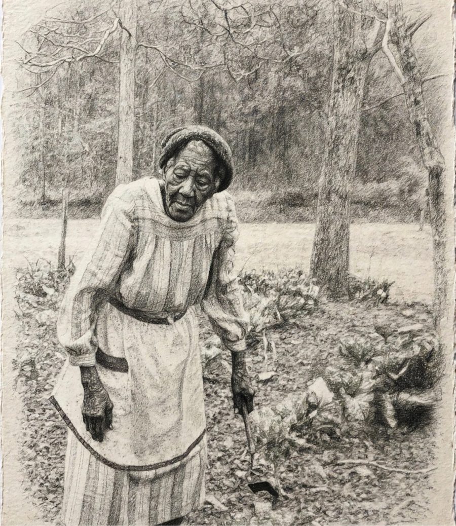 Pencil portrait of the family matriarch tending her garden in Newton, Texas